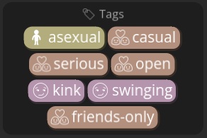 Assortment of relationship tags:asexual, serious, open, kink, swinging, friends-only